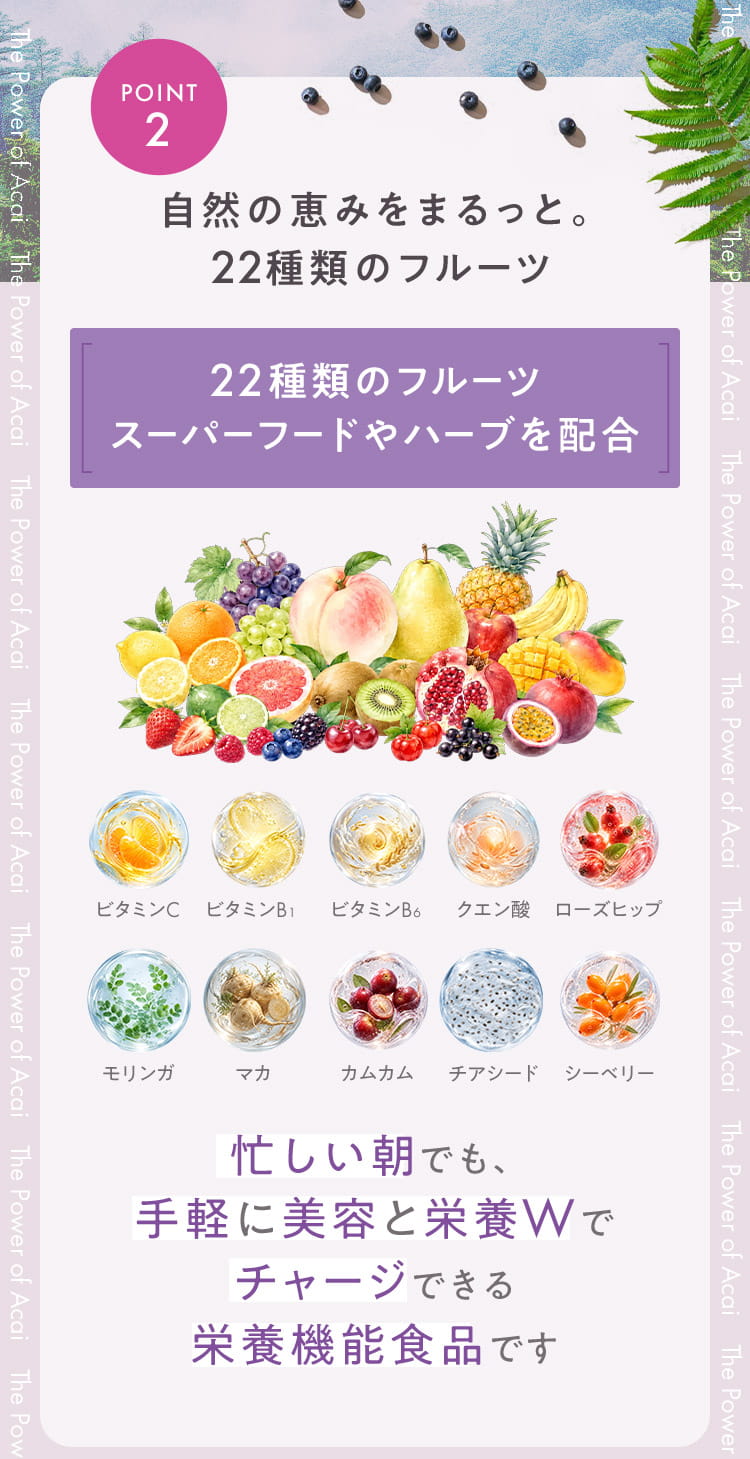 POINT2 自然の恵みをまるっと。22種類のフルーツ 22種類のフルーツ スーパーフードやハーブを配合 忙しい朝でも、手軽に美容と栄養Wでチャージできる栄養機能食品です